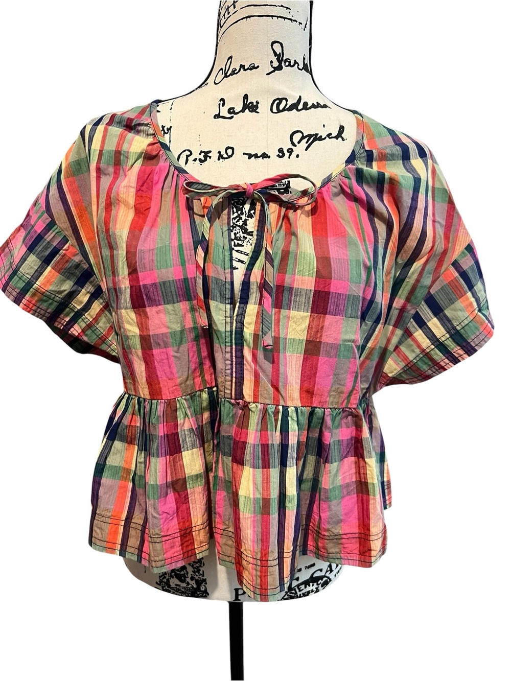 Anthropologie Pilcro Plaid Peplum Top Blouse S Cotton Vibrant Boho Tie Neck